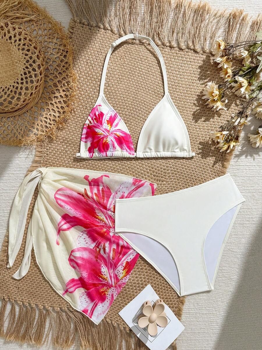 SHEIN Bộ bikini 3 mảnh dành cho thiếu nữ, bộ đồ bơi ba mảnh in hoa mùa hè, thiết kế cổ yếm và cúp ngực tam giác, kèm theo áo khoác chống nắng, thân thiện với da và nhanh khô, bộ bikini đi biển cho bé gái. Đồ bơi bikini in hoa cho bé gái kèm khăn choàng, đồ bơi mùa hè, bikini tam giác cho bé gái kèm áo khoác ngoài. - Nhiều màu - Xem 1