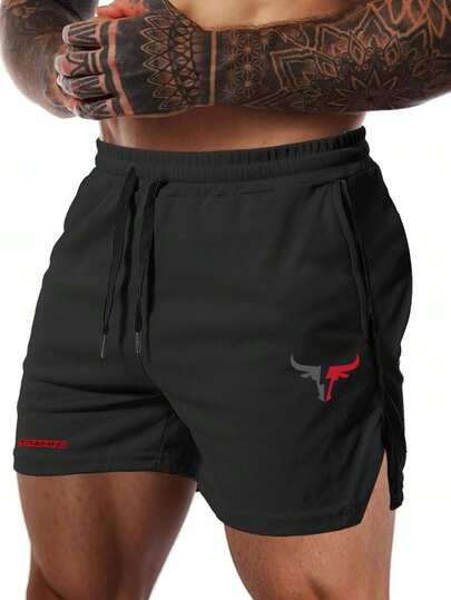 GymBeat 男士公牛印花抽绳腰带拉链口袋运动短裤
