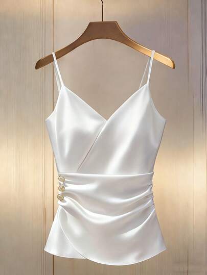 Franclia Sexy Spaghetti Strap Ruffle Trim Metal Buckle Decor Fitted Camisole
