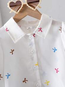 Summer Tops 1pc Girls Turndown Collar Long Sleeve Striped Button-Up Casual Shirt, Autumn - White - View 3