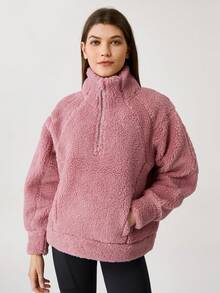GLOWMODE Thick Polar Fleece Half-Zip Winter Sweatshirt With Zip Pocket Comfortable Warm - Dusty Pink - View 6