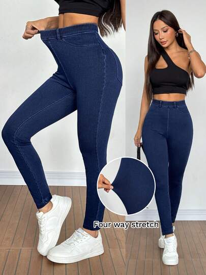 SHEIN Tall 女士夏季休闲高腰紧身牛仔裤，深蓝色弹力提臀收腹修身牛仔裤，带口袋，适合日常和街头穿搭。女士弹力腰紧身休闲牛仔裤。