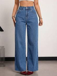 SHEIN Tall Summer TALL Women's Casual Elegant High Waisted Wide Leg Denim Pants For Women Frayed Hem Baggy Casual Jeans Pocket Button Casual Versatile Daily Wear Wide Leg Jeans - Medium Wash - View 1