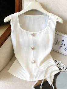 SHEIN Elenzya Women's Solid Color Ribbed Faux Pearl Button Design Casual Tank Top - White - View 4