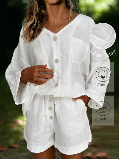 EMERY ROSE Set de 2 piese pentru femei, culoare solidă, cu decolteu în V, cu un singur nasture, cu mânecă lungă și pantaloni scurți, casual, de zi cu zi