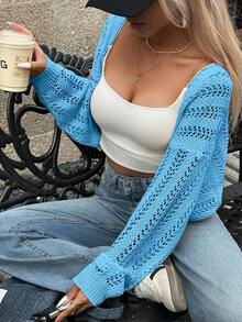 女士纯色镂空休闲百搭轻薄开衫 - 藍色 - 查看 2