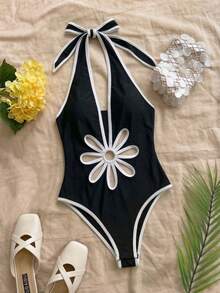 GlowEve Áo tắm nữ thời trang thường ngày gợi cảm ôm sát cổ yếm, kiểu dáng đi biển, áo liền thân phối màu đen trắng tương phản khoét rỗng. - Đen và trắng - Xem 5