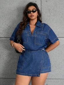 SHEIN ICON Jaket Denim Kasual Ukuran Besar, Musim Panas - Medium Wash - View 4