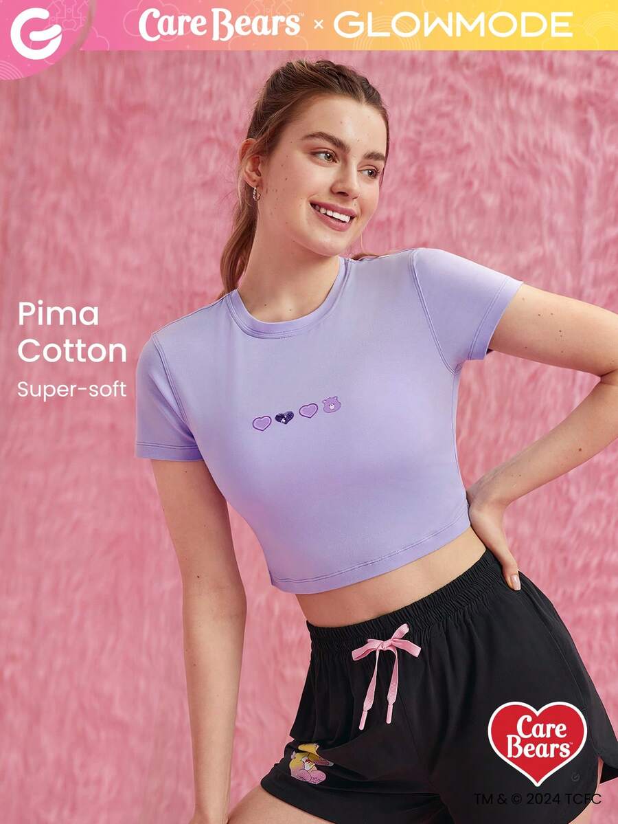 GLOWMODE X Care Bears™ Pima Cotton thêu Slim Fit Áo thun crop top thường ngày