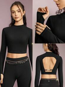 GLOWMODE FeatherFit™ Back to Me Cut-Out Mock Neck Top With Nameplate - Black - View 7