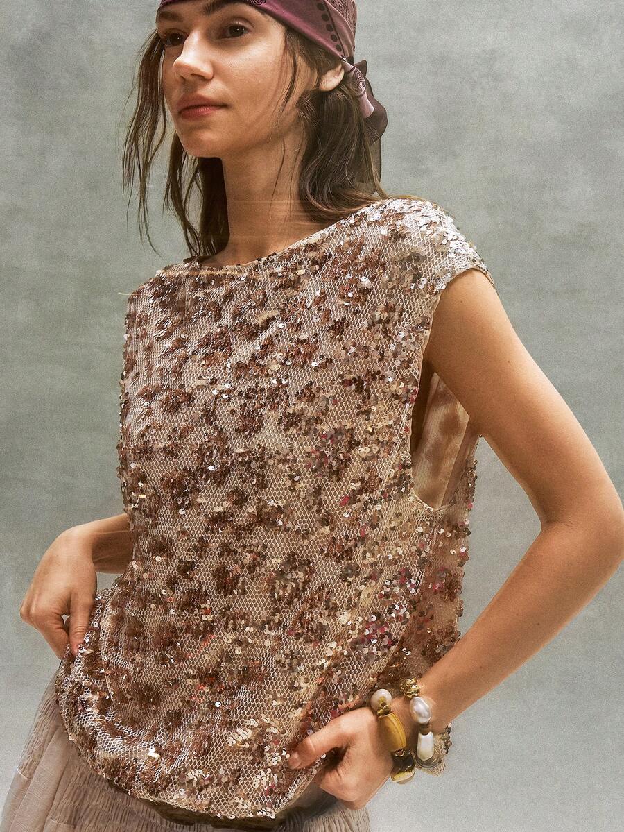 Bohemela Blusa holgada con cuentas casual para mujer, primavera/verano - Champán - Ver 1