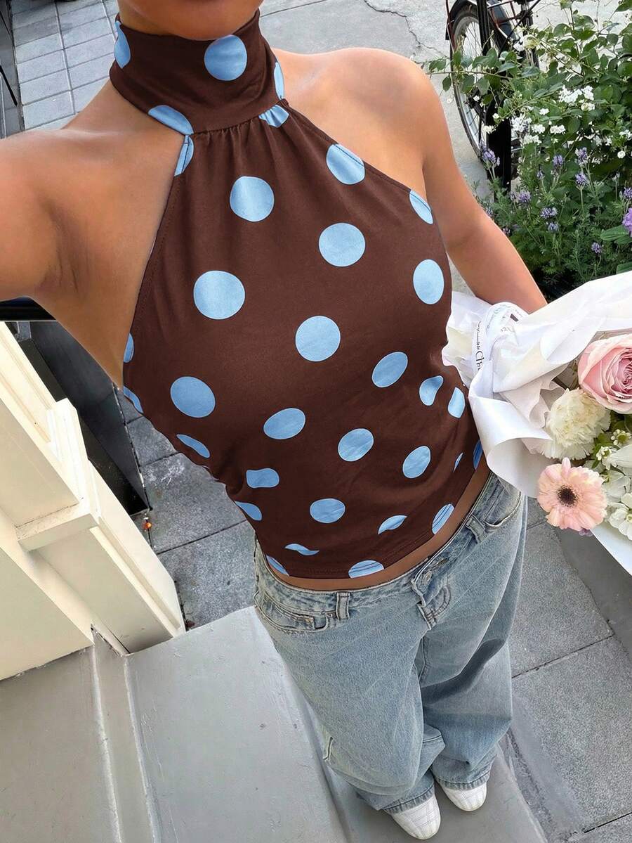 Muchica 女士蓝色波点印花时尚露背吊带背心，适合外出、街头穿搭、Y2K风格，波点上衣 - 彩色 - 查看 1