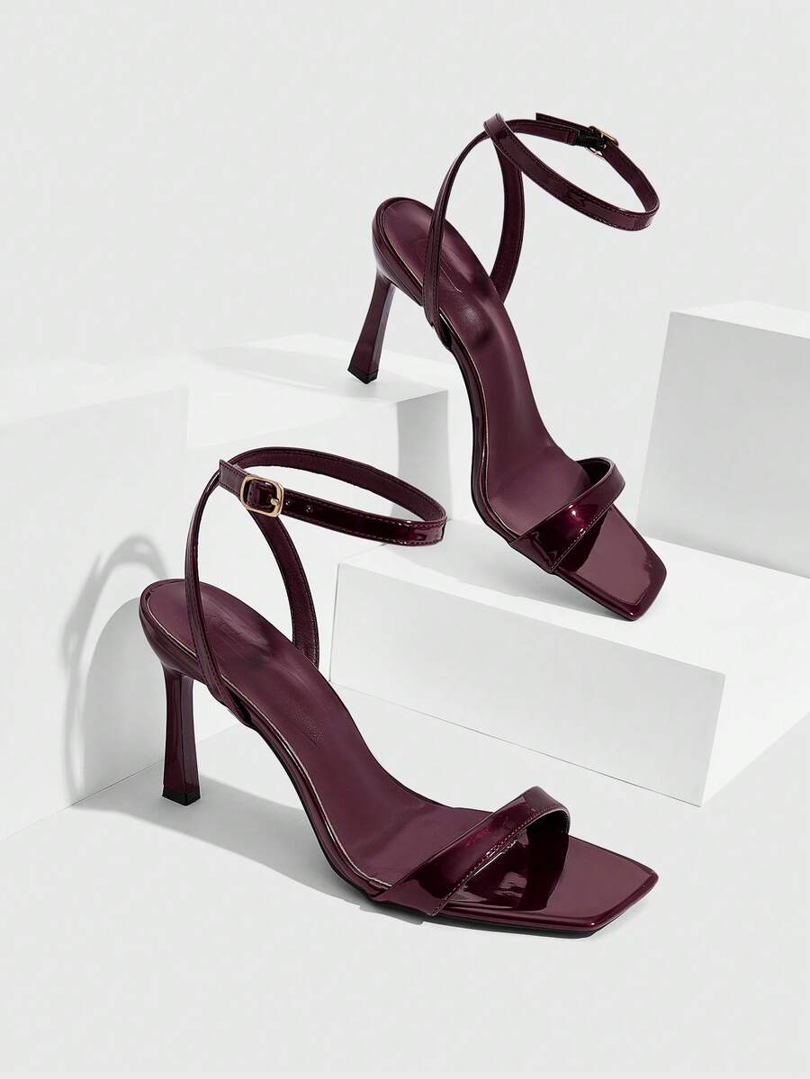 CUCCOO SZL 女士鞋履 春夏新款酒红色镜面踝带高跟凉鞋 时尚简约 舒适百搭 性感派对宴会女士凉鞋 - @鏡面酒紅 - 查看 1