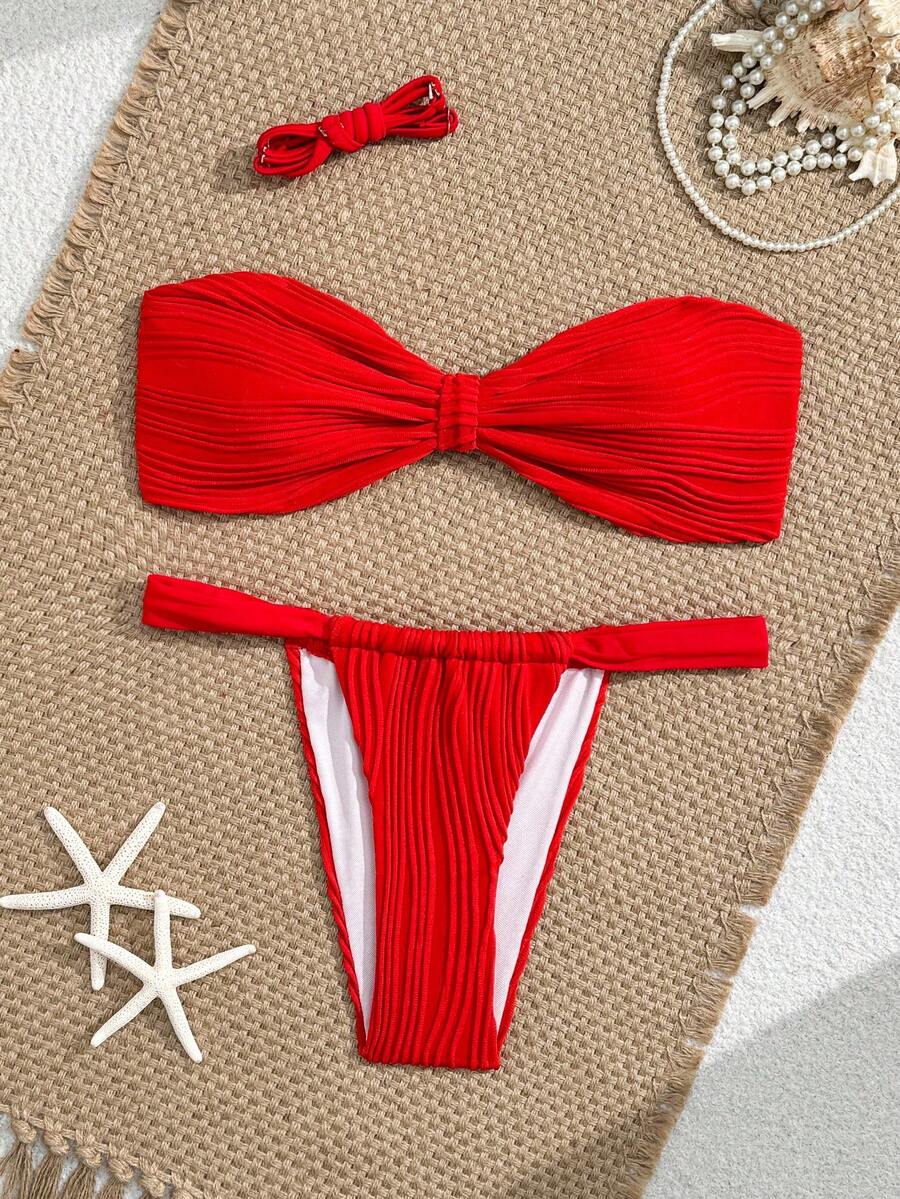 Swim Mod 2pcs Textured Solid Color Bandeau Bikini Set For Women, Suitable For Sunny Beach - Red - View 1