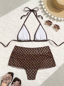 Swim Mod 新款春夏可爱女童比基尼泳裤，荷叶边设计，三角罩杯，波点蝴蝶印花，棕色、黄色和多种颜色可选，沙滩度假泳装套装 - 彩色 - 查看 4