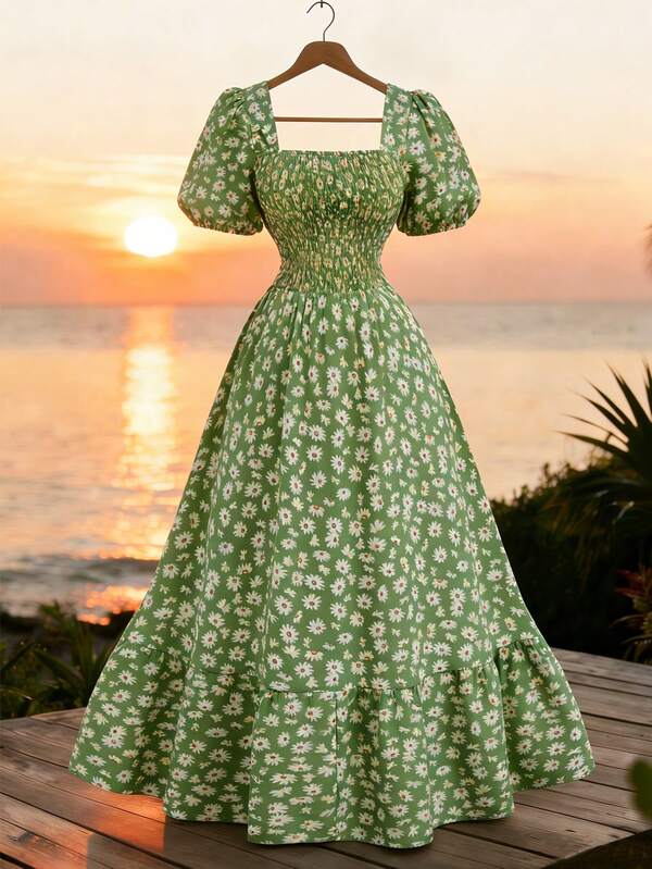 GlowEve CURVE 大码女式浪漫复古碎花方领泡泡袖褶皱腰身A字荷叶边下摆优雅中长连衣裙，适合度假、约会、日常穿着