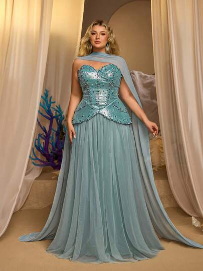 Glamrae 大码优雅奢华薄荷绿心形领口串珠水钻装饰喇叭袖A字型正式晚礼服（重工装饰）