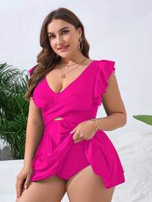 Swim Lushoire Plus Size Women Solid Color Ruched Casual Beach Dress - Pink - View 6