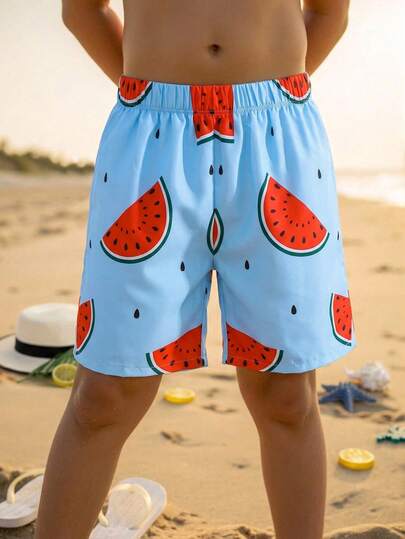 SHEIN 青少年男孩度假休闲学院风舒适时尚简约百搭条纹格子短裤，柔软弹力腰带，适合海滩、泳装、秋季、春季、夏季、日常、户外玩耍、上学、街头风、派对和休闲场合。