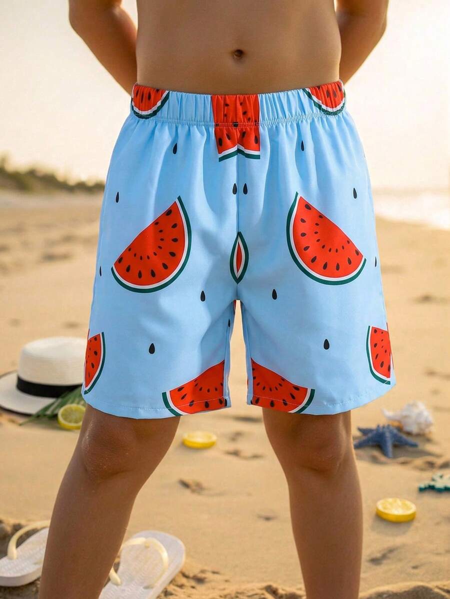 SHEIN Tween Boy Vacation Casual Collegiate Comfortable Fashion Minimalist Versatile Soft Elastic Waist Striped Plaid Shorts, Suitable For Beach, Swimwear, Suitable For Autumn, Spring, Summer, Suitable For Daily, Outdoor Play, School, Street Style, Party And Leisure - Blue - View 1