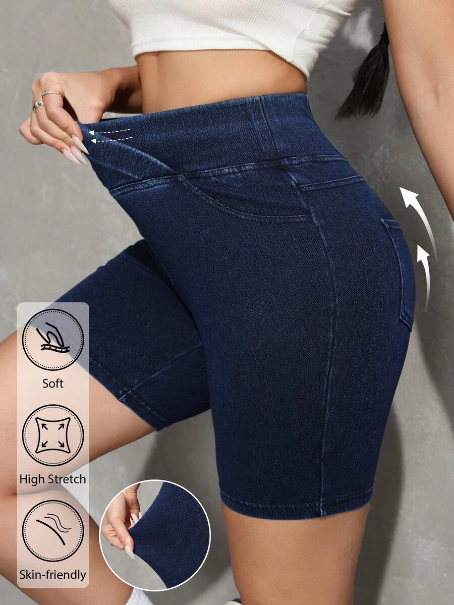 SHEIN Tall Women's High Waist Pocketed Casual Versatile Daily Wear Denim Shorts - Dark Wash - View 1