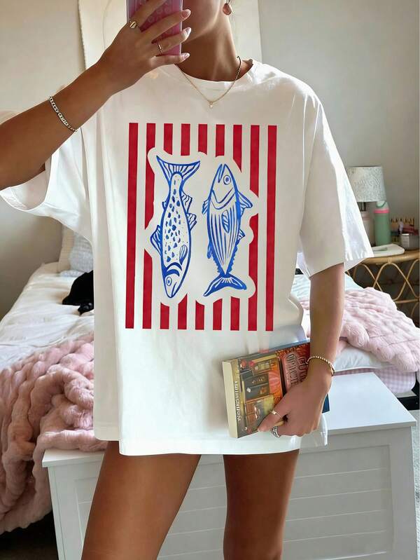 Blusa de manga corta para niñas preadolescentes, con estampado de letras y elementos oceánicos, camiseta blanca casual de cuello redondo, cómoda y versátil, adecuada para todas las estaciones, vacaciones en la playa