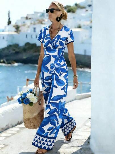 Breezaya Mono de pierna ancha con escote en V profundo y efecto estilizante, de estilo casual de playa y vacaciones, elegante y de moda, adecuado para viajes, reuniones y uso diario, mono de mujer con estampado floral para primavera/verano