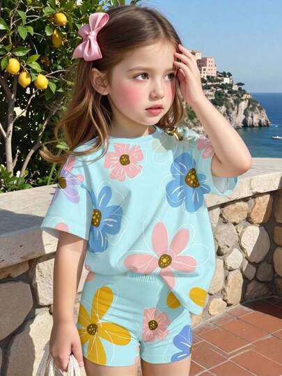 2pcs/Set Baby Girl Sweet & Cute Floral Print Short Sleeve T-Shirt And Shorts Set, Suitable For Outings, Vacation, Casual Wear In Summer