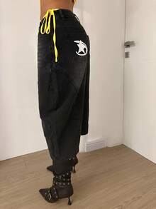 StreetHx Women's Pentagram Pocket Wide Leg Loose 7/8 Length Jeans - Black - View 5
