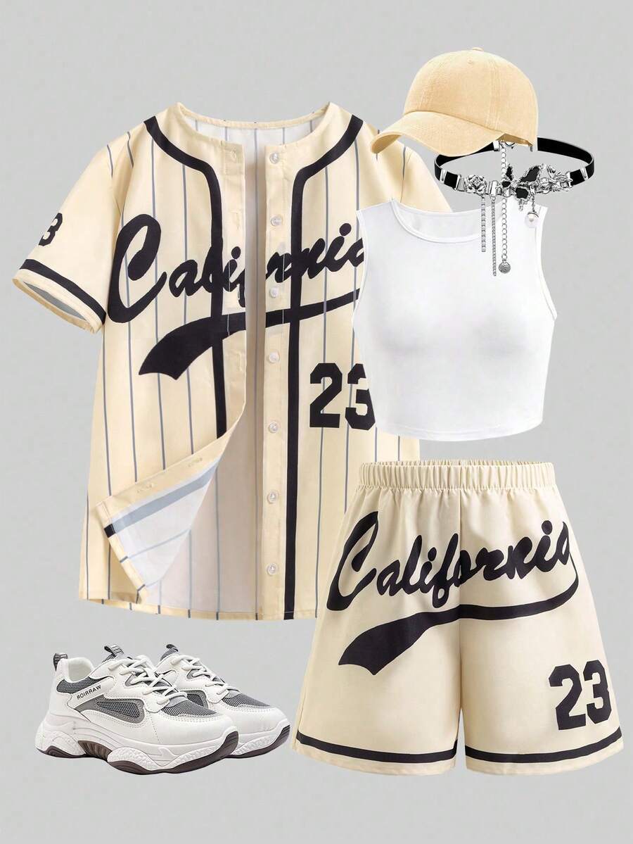 Sparklyn 三件套少女时尚运动套装 - 黑色条纹复古字母印花宽松外套衬衫、白色修身吊带背心、黄色短裤 - 卡其色 - 查看 1