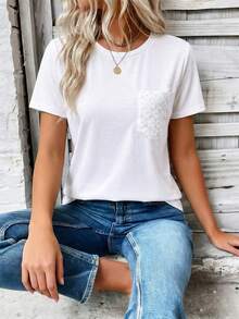 Women's Spring/Summer New Arrival Embroidered Pocket Design Round Neck Short Sleeve Casual Versatile T-Shirt - White - View 3