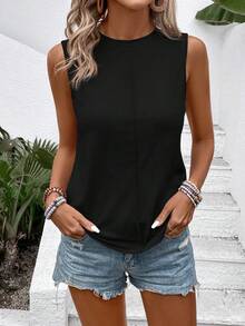 EMERY ROSE Áo tank top nữ mùa xuân/hè cổ tròn màu neon mới, kiểu dáng thường ngày, đa năng, dễ phối đồ. - màu đen - Xem 3