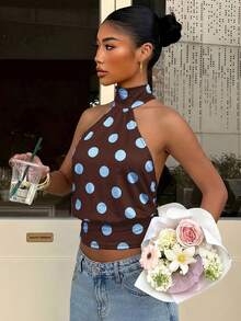Muchica 女士蓝色波点印花时尚露背吊带背心，适合外出、街头穿搭、Y2K风格，波点上衣 - 彩色 - 查看 3