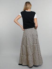 Women's Brown Plaid Print High Waist Ruffle Hem Skirt, Spring/Summer - Brown - View 2