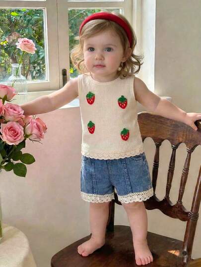 两件套女婴华夫格针织杏色吊带背心，饰有草莓和3D立体花朵流苏，搭配松紧腰流苏下摆牛仔短裤，复古休闲可爱套装，适合夏季日常穿着、旅行或度假。