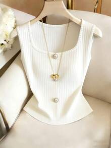 SHEIN Elenzya Women's Solid Color Ribbed Faux Pearl Button Design Casual Tank Top - White - View 6