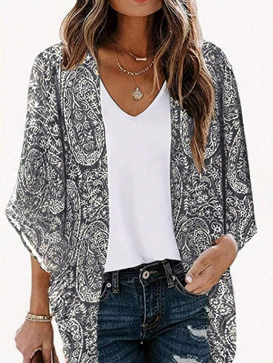 EMERY ROSE Plus Size Women Allover Print Casual Versatile Daily Wear Button-Down Shirt - Grey - View 1