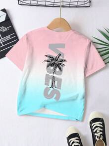 男童短袖圆领T恤，渐变印花，背面大字母印花，棕榈树度假风，时尚街头服饰，春夏旅行必备单品，休闲百搭 - 彩色 - 查看 2