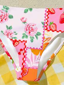 热带水果印花少女休闲吊带背心和三角比基尼泳衣套装，海滩度假风，#椰子女孩 - 彩色 - 查看 7