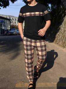 SHEIN 两件套青少年男童格子拼接短袖T恤和运动裤，休闲舒适，百搭，适合日常穿着、上学、郊游、户外活动、音乐节、假期、海滩度假、夏季、春夏穿着。 - 彩色 - 查看 4