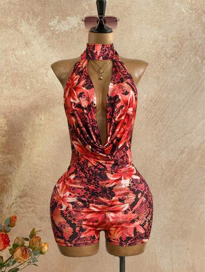 INAWLY Women's Floral Print Halter Backless Sexy Romper For Dates