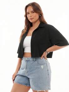 SHEIN EZwear Kích thước lớn Màu thuần Dệt Lỏng lẻo Áo sơ mi - màu đen - Xem 5