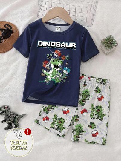 2件套幼儿男童休闲绿色像素恐龙街头风印花套装，圆领针织弹力面料T恤和短裤，春夏家居服