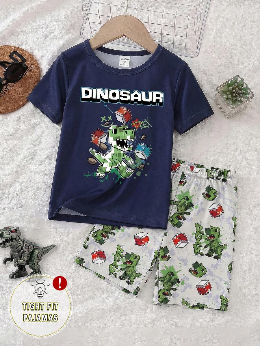 2件套幼儿男童休闲绿色像素恐龙街头风印花套装，圆领针织弹力面料T恤和短裤，春夏家居服 - 寶藍色 - 查看 1