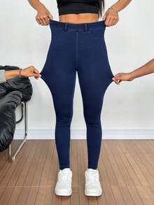 SHEIN Tall 女士夏季休闲高腰紧身牛仔裤，深蓝色弹力提臀收腹修身牛仔裤，带口袋，适合日常和街头穿搭。女士弹力腰紧身休闲牛仔裤。 - 深色水洗藍 - 查看 6