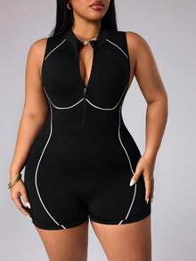Rhythm Era Plus Size Women's Seamless Black Summer Athletic Midsize Pilates Sleeveless Hollow-Out Backless Jumpsuit,Tummy Control Exercise Yoga Shorts Bodysuit - Black and White - View 3