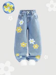 SHEIN Young Girl' Loose Fit Blue Denim Pants With Embroidered Floral Pattern - Light Wash - View 5
