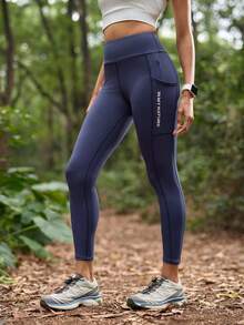 In My Nature Women's Letter Print High Waist Casual Outdoor Leggings - Navy Blue - View 1