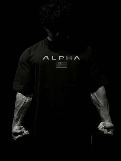 RISE LYT Men's Letter & American Flag Print Short Sleeve Sports T-Shirt