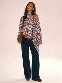 Avenya Women's Plaid Asymmetrical Shoulder Casual Versatile Daily Wear Shirt - Multicolor - View 5